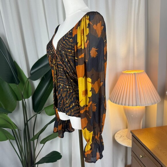 Anthropologie CONDITIONS APPLY Boho Statement Sleeves Smocked Blouse Large - Picture 3 of 9